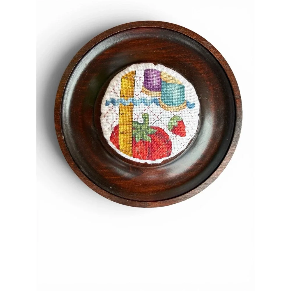 Vintage SUDBERRY House Mahogany Cross Stitched Pincushion Tray